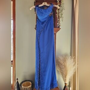 Riva Designs Royal Blue Silk Beaded Gown